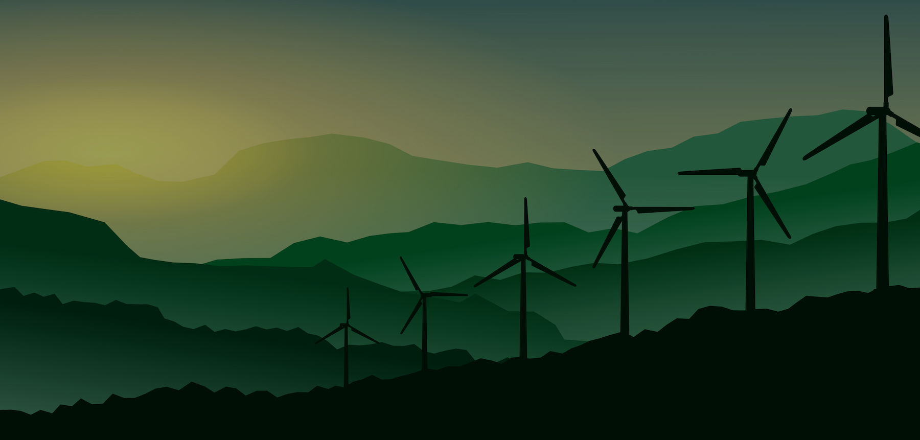 Silhouettes of wind turbines on rolling hills at dusk, artistically edited with lower brightness and contrast to emphasize the harmony of technology and nature.